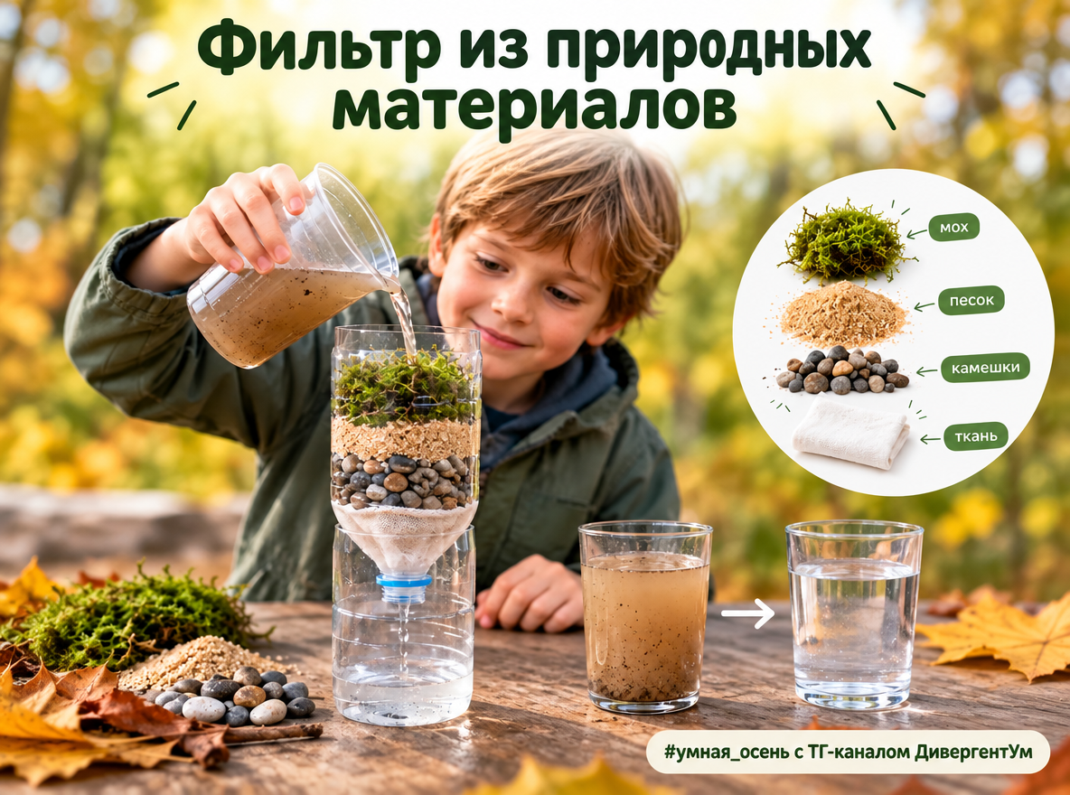 Природный фильтр для воды из пластиковой бутылки, мха, песка и камней